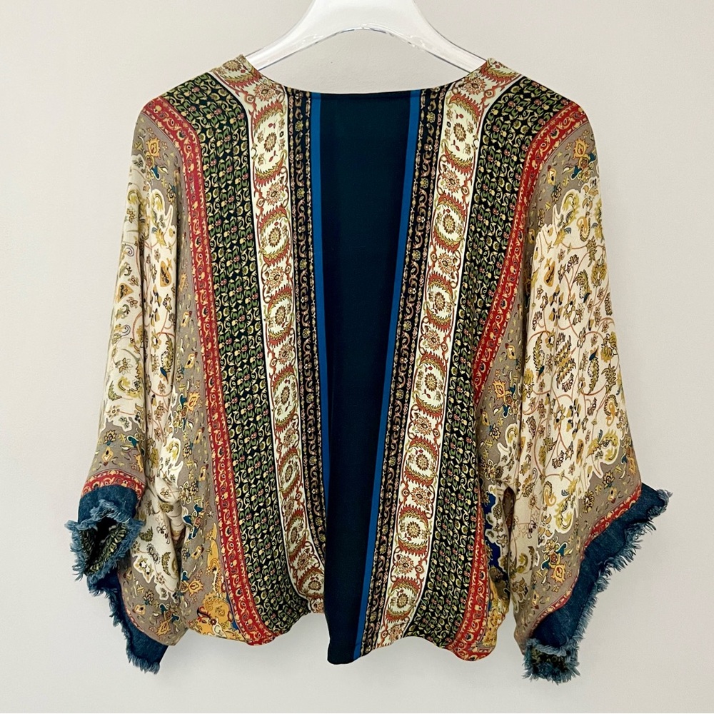 Zara Boho Scarf Print Fringe Kimono Sleeve Zip Blouse XS - Picture 5 of 13